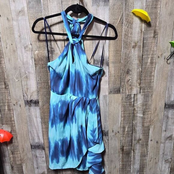 $445 Toccin NY Women's Blue Pleated Sarong Halter Mini Dress Size 2 - Picture 2 of 5